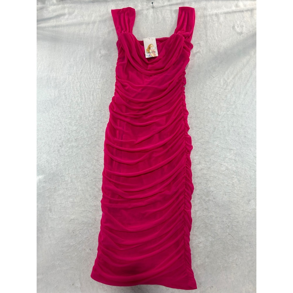 Prettygarden Hot Pink Ruched Cowl Neck Bodycon Midi Dress Sleeveless Fuchsia NWT